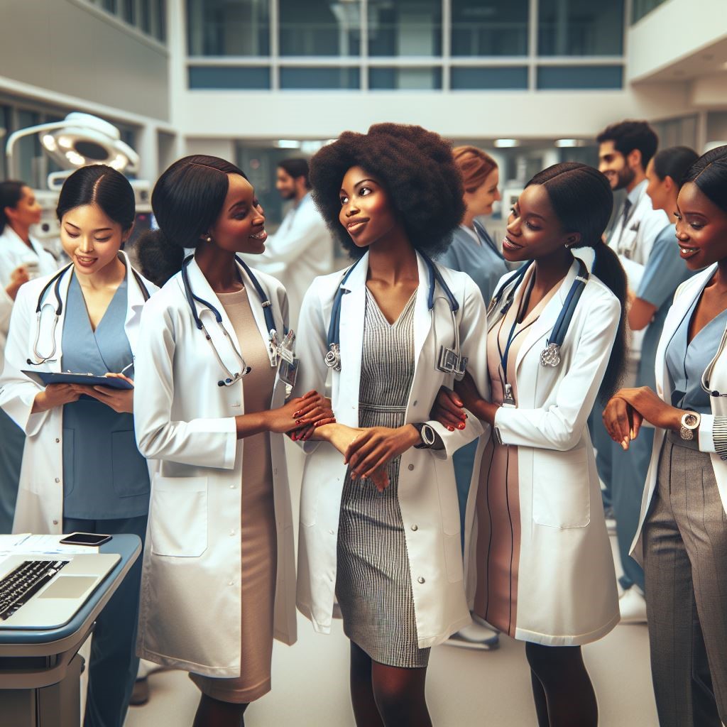 Group of diverse female medical professionals in white coats engaging in a collaborative discussion in a medical facility