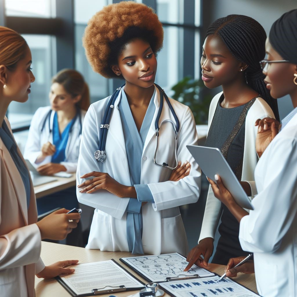 Group of female medical professionals reviewing medical charts and data together in a modern healthcare setting