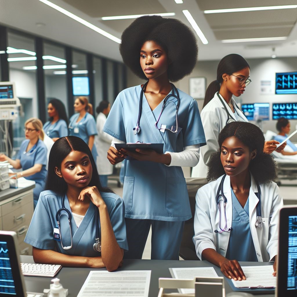 Three young Black female medical professionals in scrubs and white coats working together in a Healthcare environment